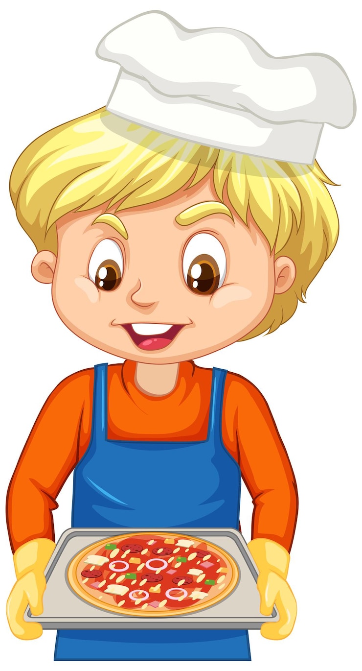 Vector gratuito personaje de dibujos animados de un niño chef sosteniendo una bandeja de pizza