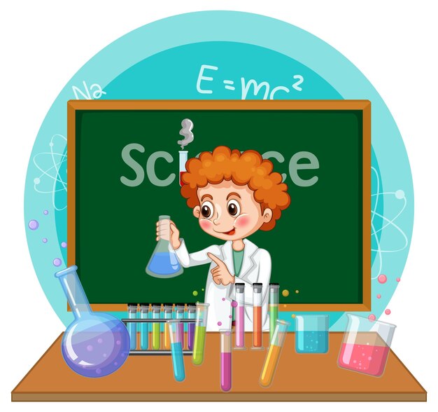 Personaje de dibujos animados de niño científico con equipos de laboratorio