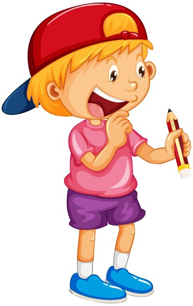 Personaje de dibujos animados de niño feliz sosteniendo un lápiz