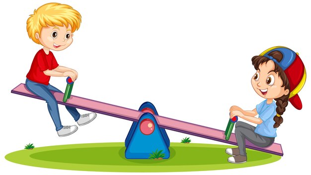 Personaje de dibujos animados niño y niña jugando balancín sobre fondo blanco