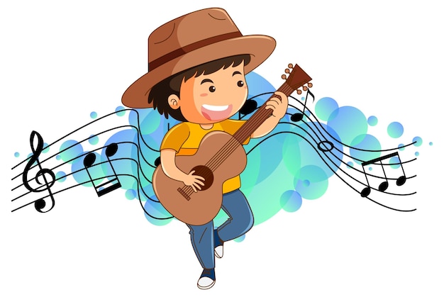 Personaje de dibujos animados de un niño tocando la guitarra con símbolos de melodía