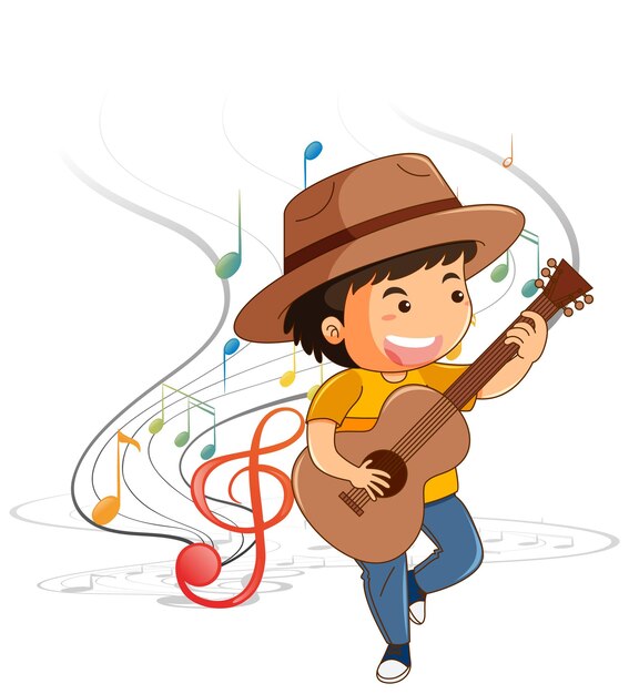 Personaje de dibujos animados de un niño tocando la guitarra con símbolos de melodía