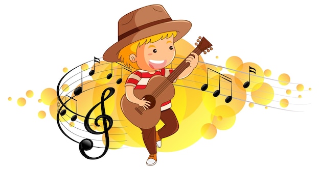 Personaje de dibujos animados de un niño tocando la guitarra sobre fondo de símbolos de melodía