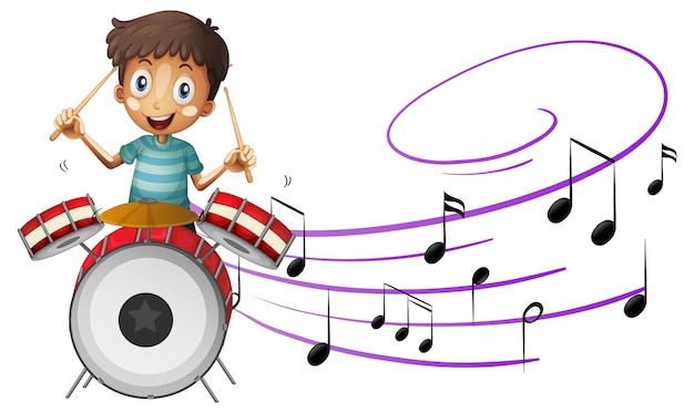 Vector gratuito personaje de dibujos animados de un niño tocando el tambor con símbolos de melodía musical