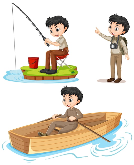 Vector gratuito personaje de dibujos animados de un niño con trajes de campamento realizando diferentes actividades