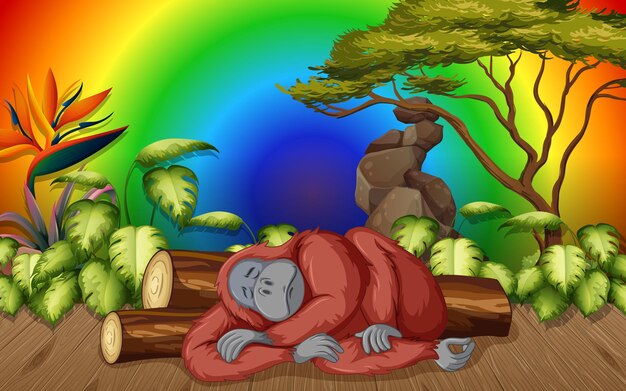 Personaje de dibujos animados de orangután en el bosque sobre fondo de arco iris degradado