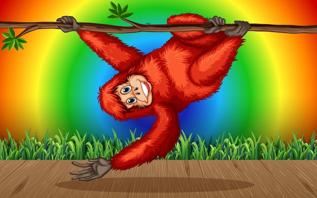Vector gratuito personaje de dibujos animados de orangután en el bosque sobre fondo de arco iris degradado