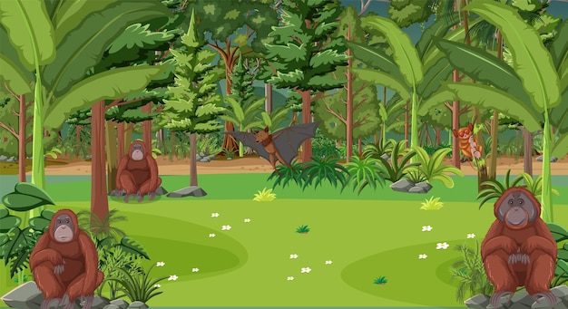 Vector gratuito personaje de dibujos animados de orangutanes en la escena del bosque.