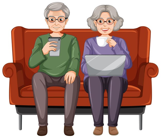 Un personaje de dibujos animados de pareja senior sentado en el sofá