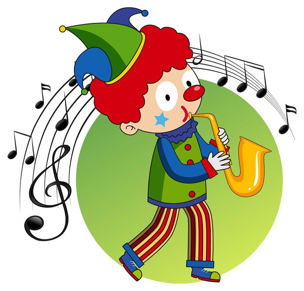 Personaje de dibujos animados de un payaso toca el saxofón con símbolos de melodía musical