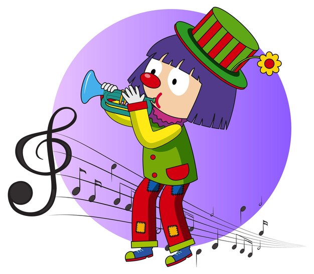 Personaje de dibujos animados de un payaso toca la trompeta con símbolos de melodía musical