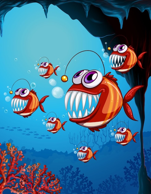 Personaje de dibujos animados de peces rape en la escena submarina con corales