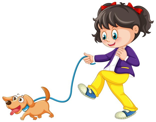 Un personaje de dibujos animados de perro paseando niña