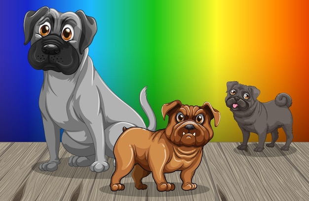 Vector gratuito personaje de dibujos animados de perros domésticos sobre fondo degradado de arco iris