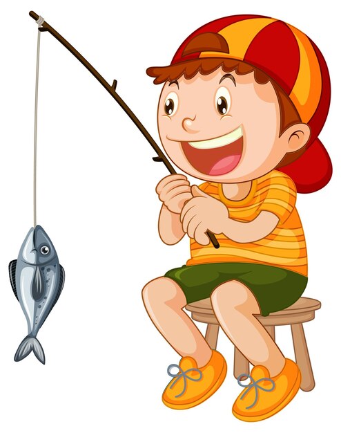 Personaje de dibujos animados de pesca de niño feliz