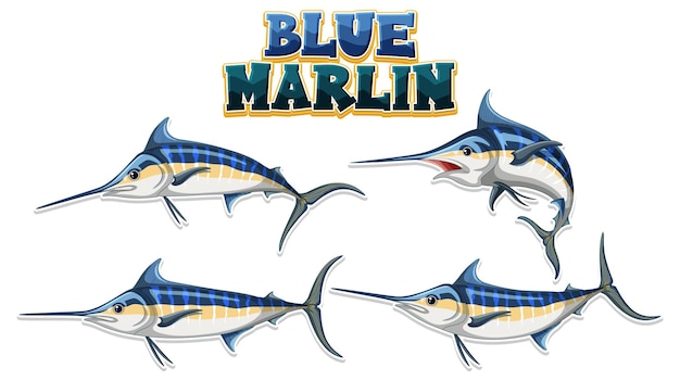 Personaje de dibujos animados de pez marlin azul en diferentes poses