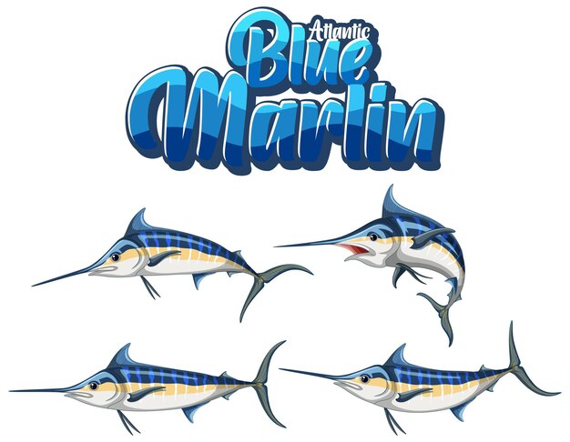 Personaje de dibujos animados de pez marlin azul en diferentes poses