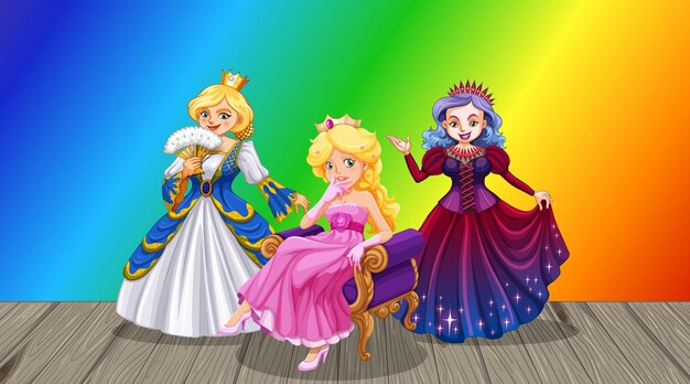 Personaje de dibujos animados de princesa sobre fondo degradado de arco iris