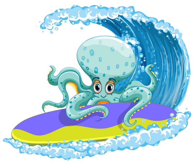 Personaje de dibujos animados de pulpo en tabla de surf