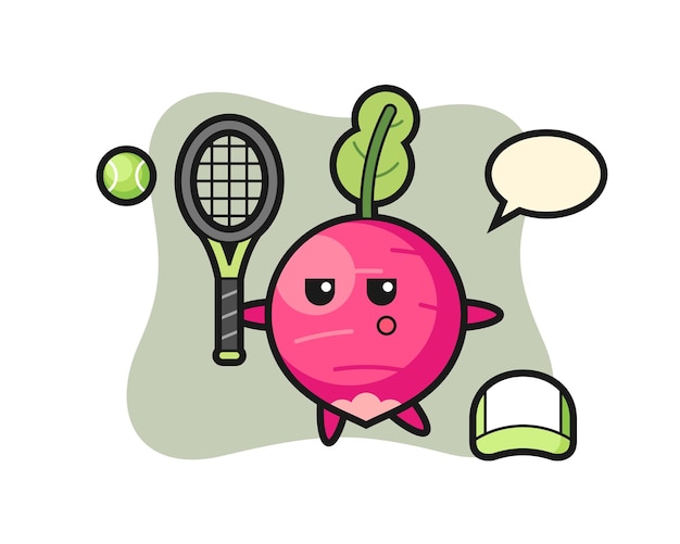 Personaje de dibujos animados de rábano como tenista, diseño de estilo lindo para camiseta, pegatina, elemento de logotipo