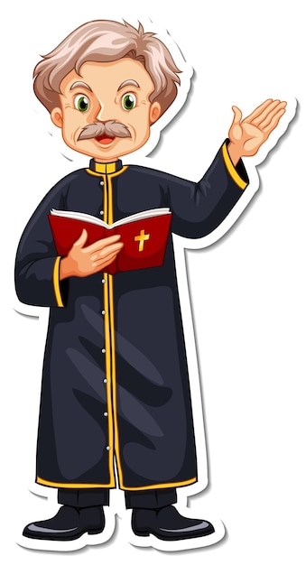 Personaje de dibujos animados del sacerdote leyendo la etiqueta engomada de la biblia