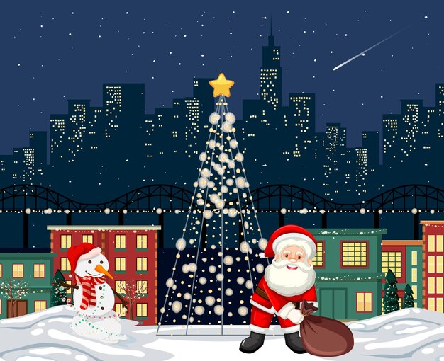Personaje de dibujos animados de Santa Claus en la ciudad en la escena nocturna