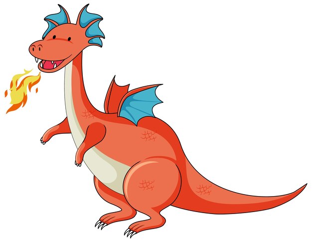 Personaje de dibujos animados simple de dragón con fuego de respiración aislado