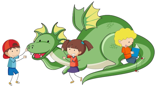 Vector gratuito personaje de dibujos animados simple de dragón verde con muchos niños aislados