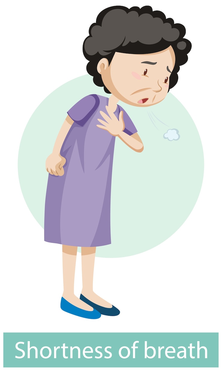 Vector gratuito personaje de dibujos animados con síntomas de dificultad para respirar