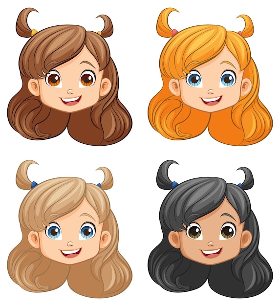 Vector gratuito el personaje de dibujos animados sonriente cuatro cabezas de chicas lindas