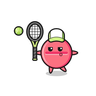 Personaje de dibujos animados de tableta de medicina como jugador de tenis, diseño lindo