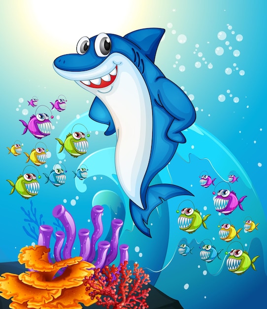 Personaje de dibujos animados de tiburón feliz en la escena submarina con muchos peces exóticos