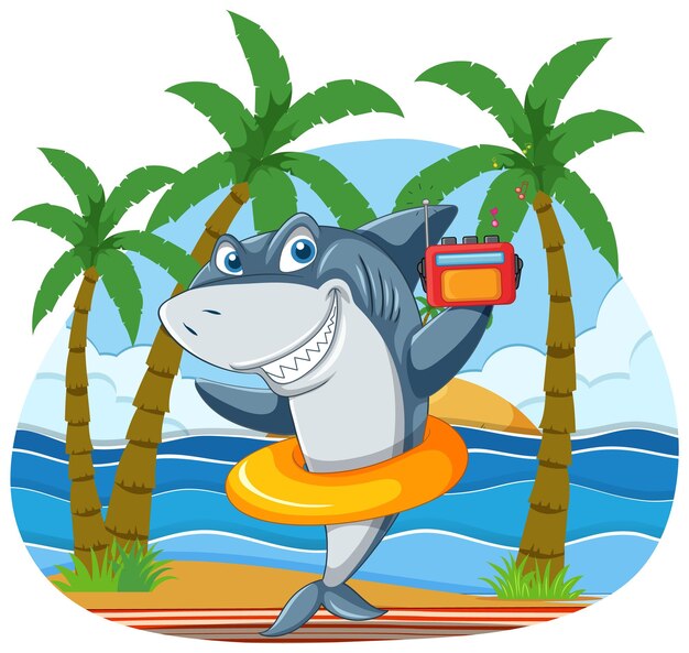 Personaje de dibujos animados de tiburones relajándose en la playa