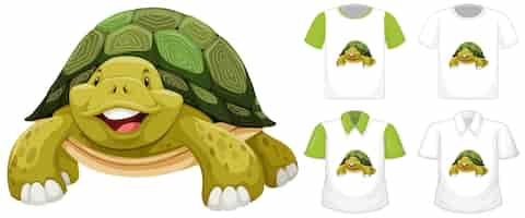 Vector gratuito personaje de dibujos animados de tortuga con muchos tipos de camisetas.