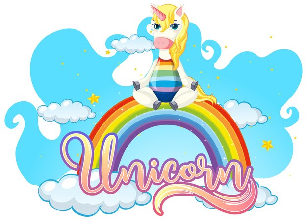 Personaje de dibujos animados de unicornio de pie en arco iris con fuente de unicornio