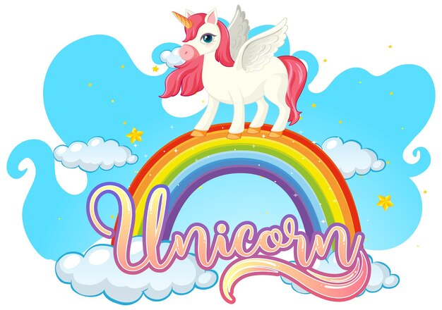Personaje de dibujos animados de unicornio de pie en arco iris con fuente de unicornio
