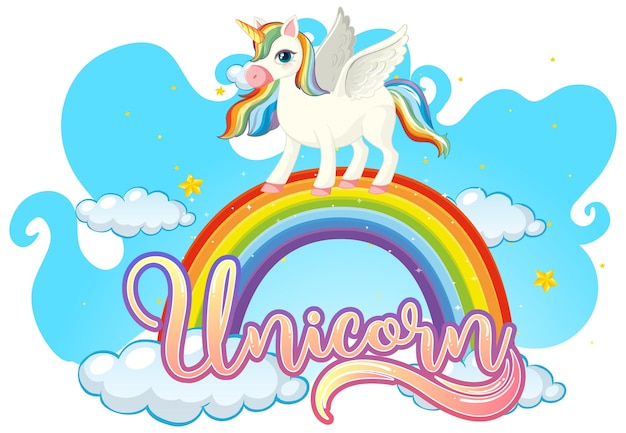 Personaje de dibujos animados de unicornio de pie en arco iris con fuente de unicornio