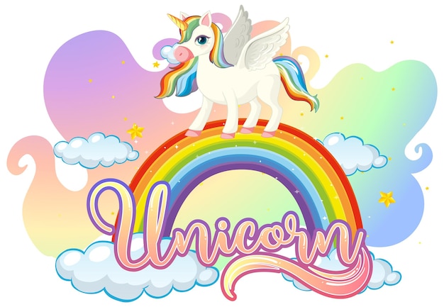 Personaje de dibujos animados de unicornio de pie en arco iris con fuente de unicornio