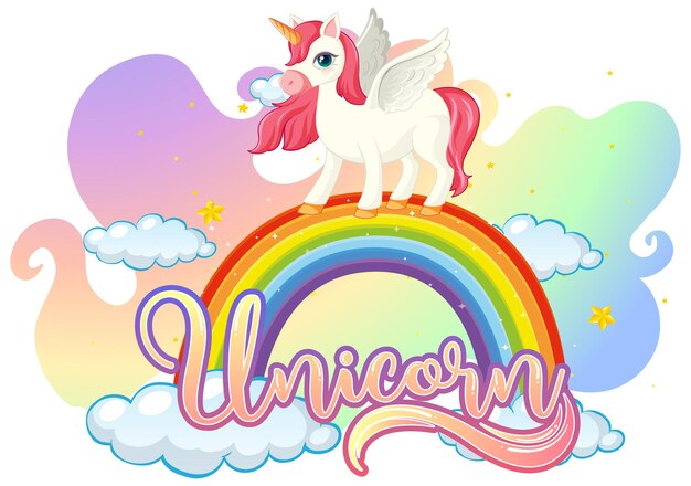 Personaje de dibujos animados de unicornio de pie en arco iris con fuente de unicornio