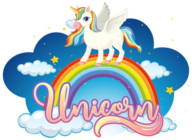 Personaje de dibujos animados de unicornio de pie en arco iris con fuente de unicornio