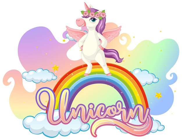 Personaje de dibujos animados de unicornio de pie en arco iris con fuente de unicornio
