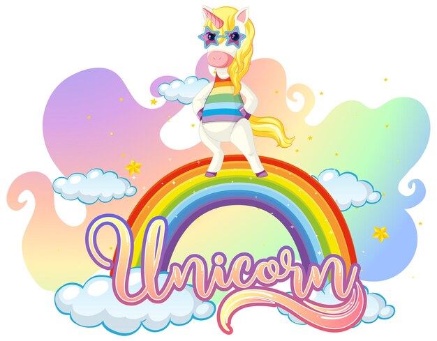 Personaje de dibujos animados de unicornio de pie en arco iris con fuente de unicornio