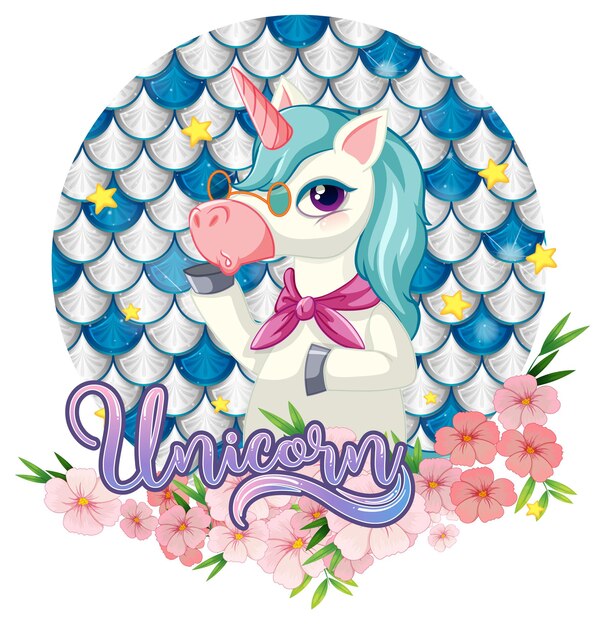 Personaje de dibujos animados de unicornio sobre fondo de escalas pastel aislado