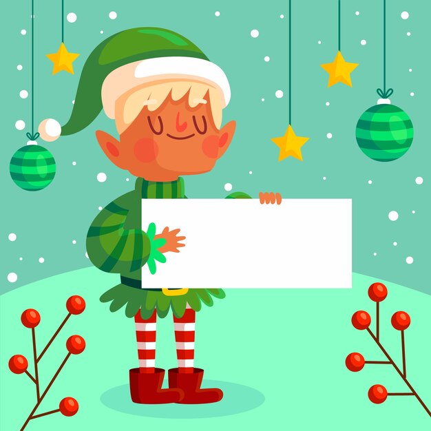 Personaje de duende de Navidad sosteniendo pancarta en blanco