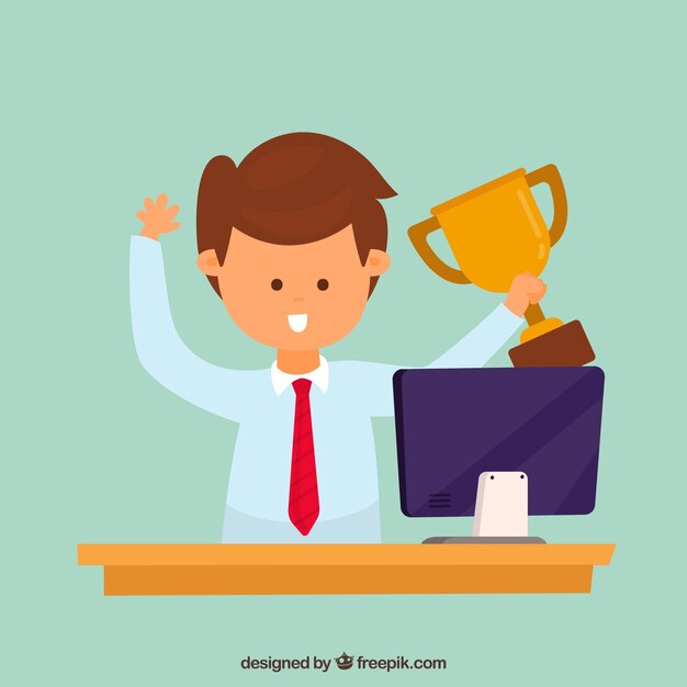 Personaje feliz ganando un premio con diseño plano