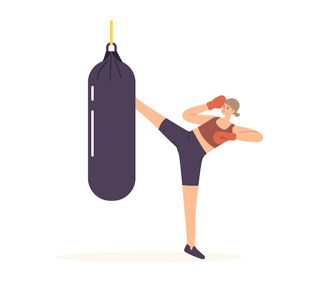 Personaje femenino en guantes de boxeo pateando saco de boxeo golpe de  entrenamiento para práctica de defensa personal o preparación para la  competencia de combate | Vector Premium