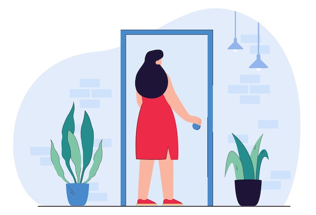 Personaje femenino joven sosteniendo la perilla de la puerta entrando en el edificio