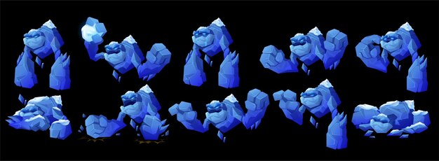 Personaje de golem de hielo en diferentes poses.