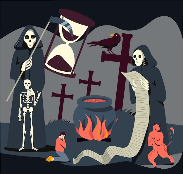 Personaje de Grim Reaper con reloj de arena y guadaña en la ilustración de vector de fondo plano de cementerio abandonado