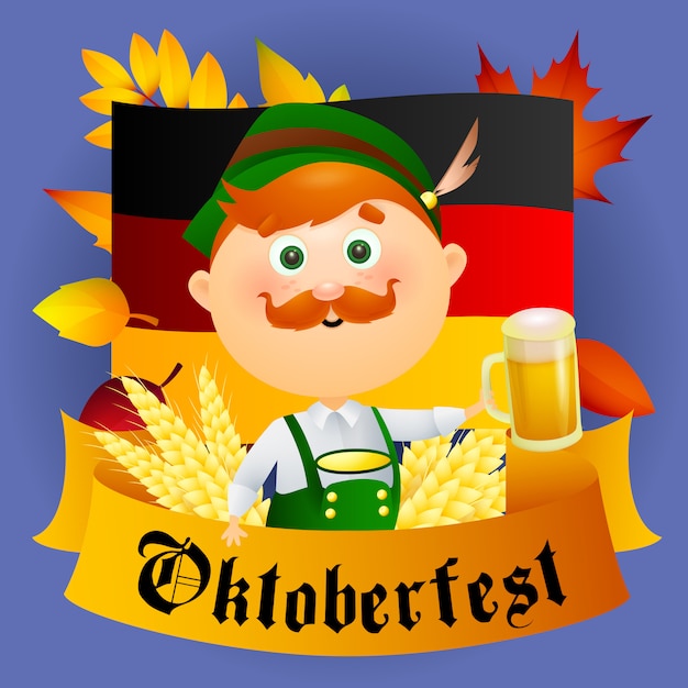 Personaje de hombre de dibujos animados de Oktoberfest con cerveza